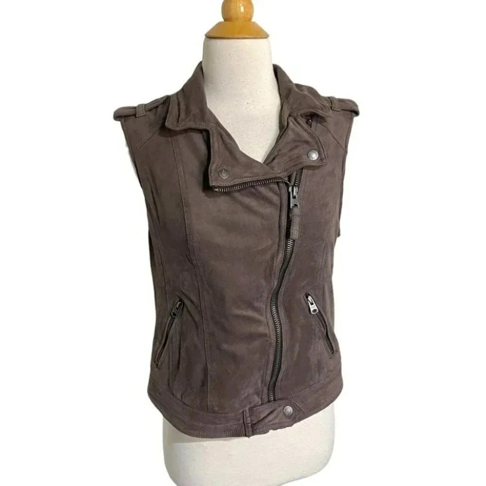 Abercrombie & Fitch M taupe faux suede biker vest Stretch Retro Y2K Punk